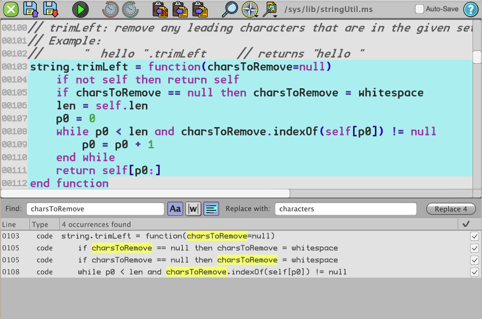 find/replace dialog in Mini Micro code editor
