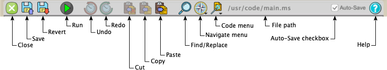 Code editor toolbar, with widgets labeled.